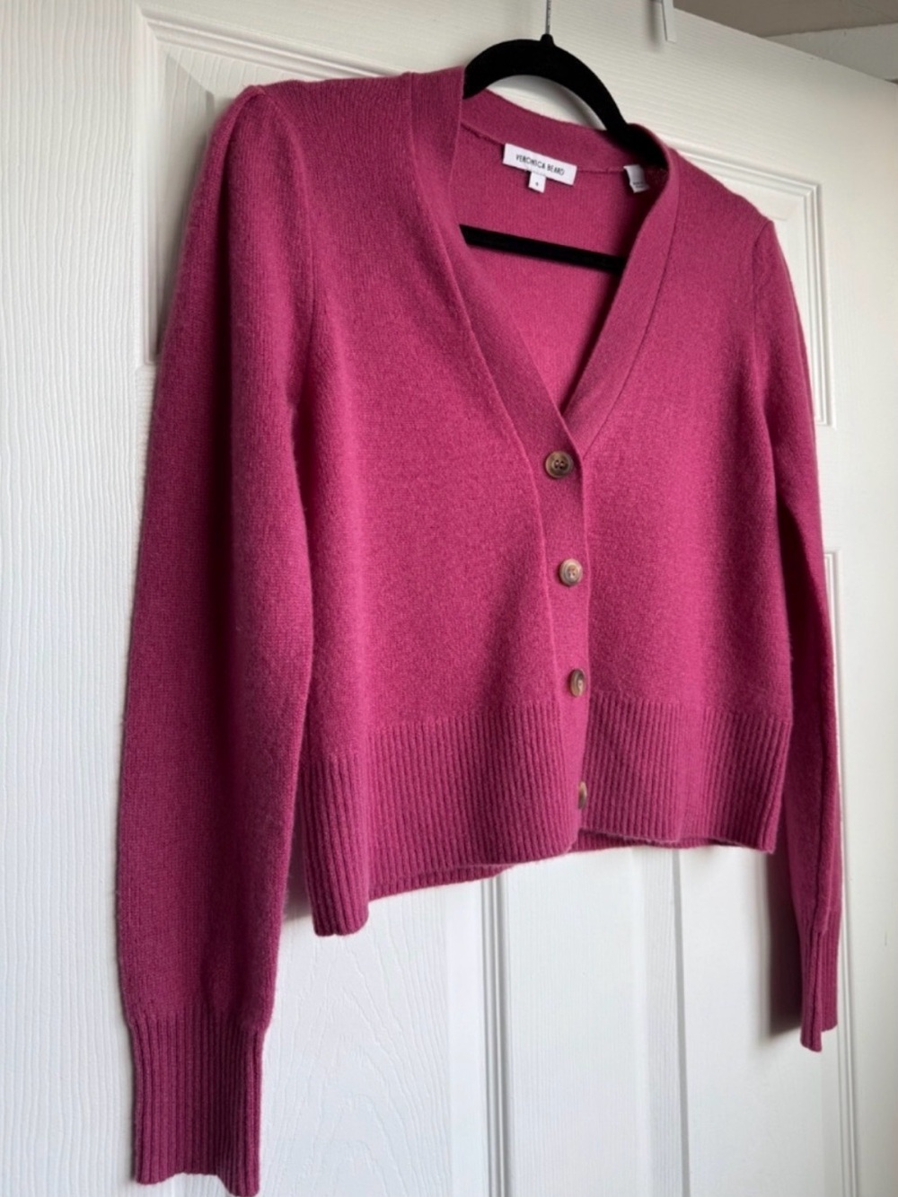 Veronica Beard 100% Cashmere V-Neck Cropped Cardigan Raspberry Size S